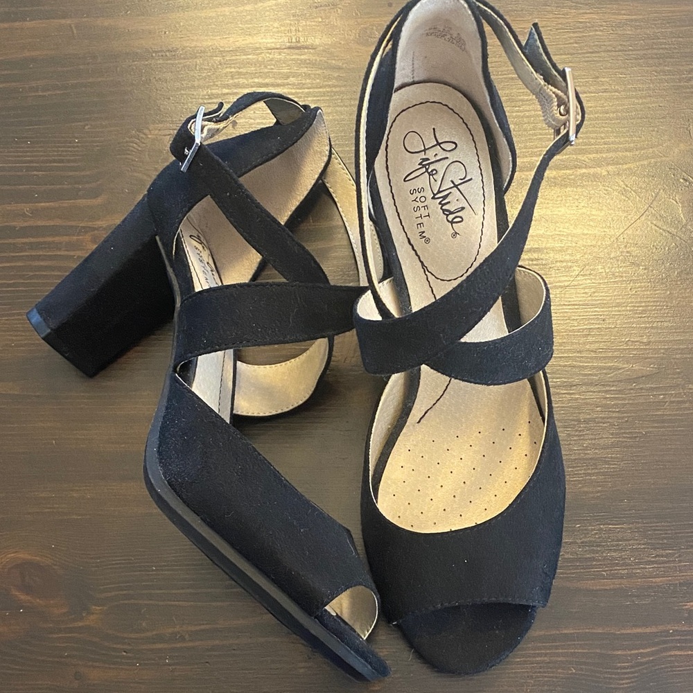 Life Stride Soft System worn once Black suede fabric upper vegan Strappy Heels